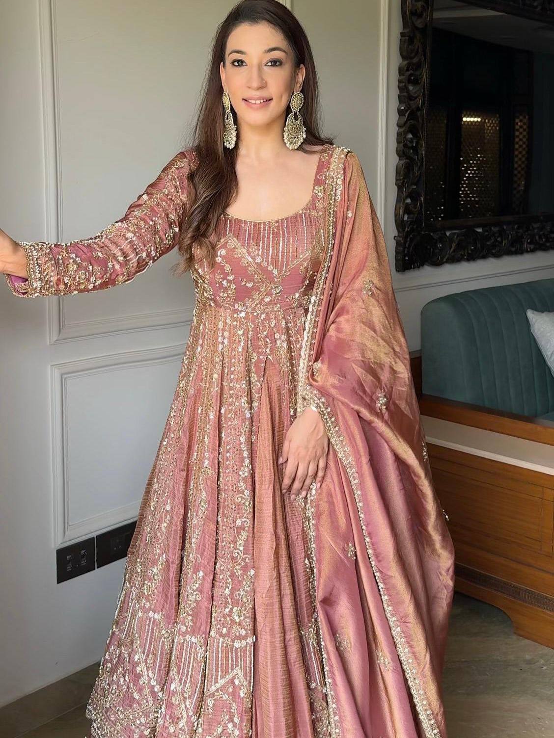 Dusty Rose Anarkali Suit – Tissue Fabric with Zari Sequin Embroidery Work