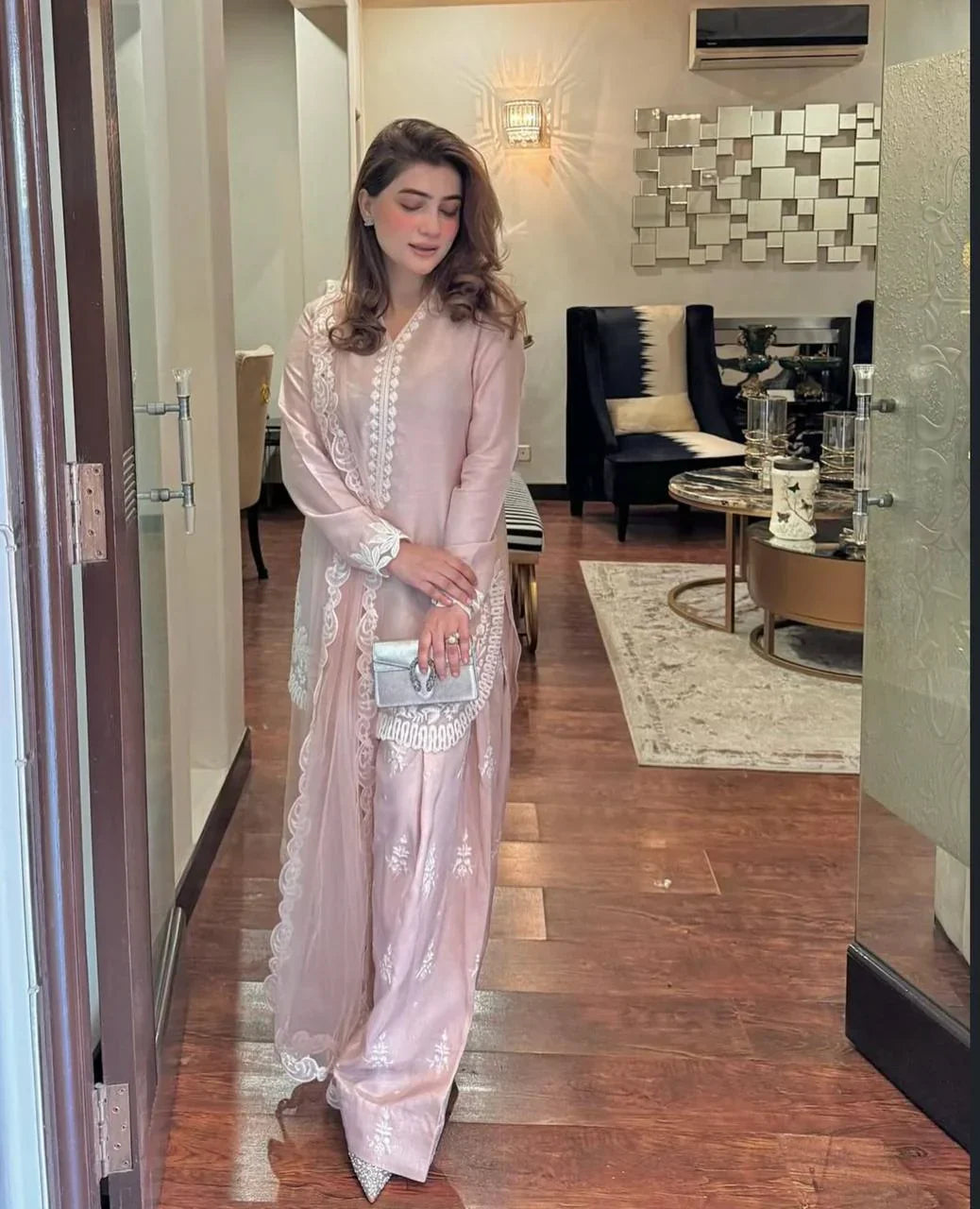 Pink Color Natural Creape Silk Embroidery Kurta With Pant