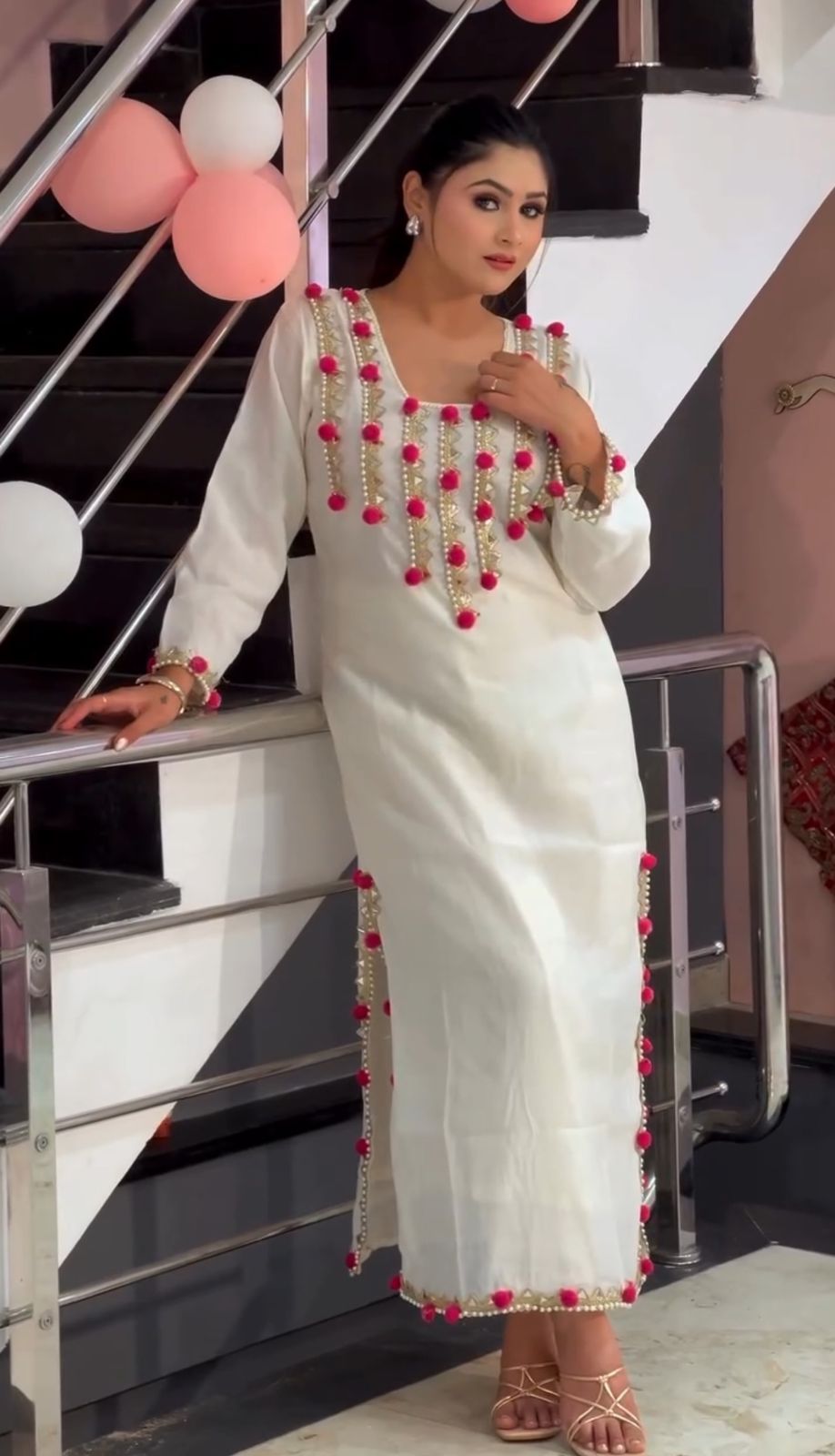 Ivory Hand-Embellished Kurta Set with Pink Tassel Detailing