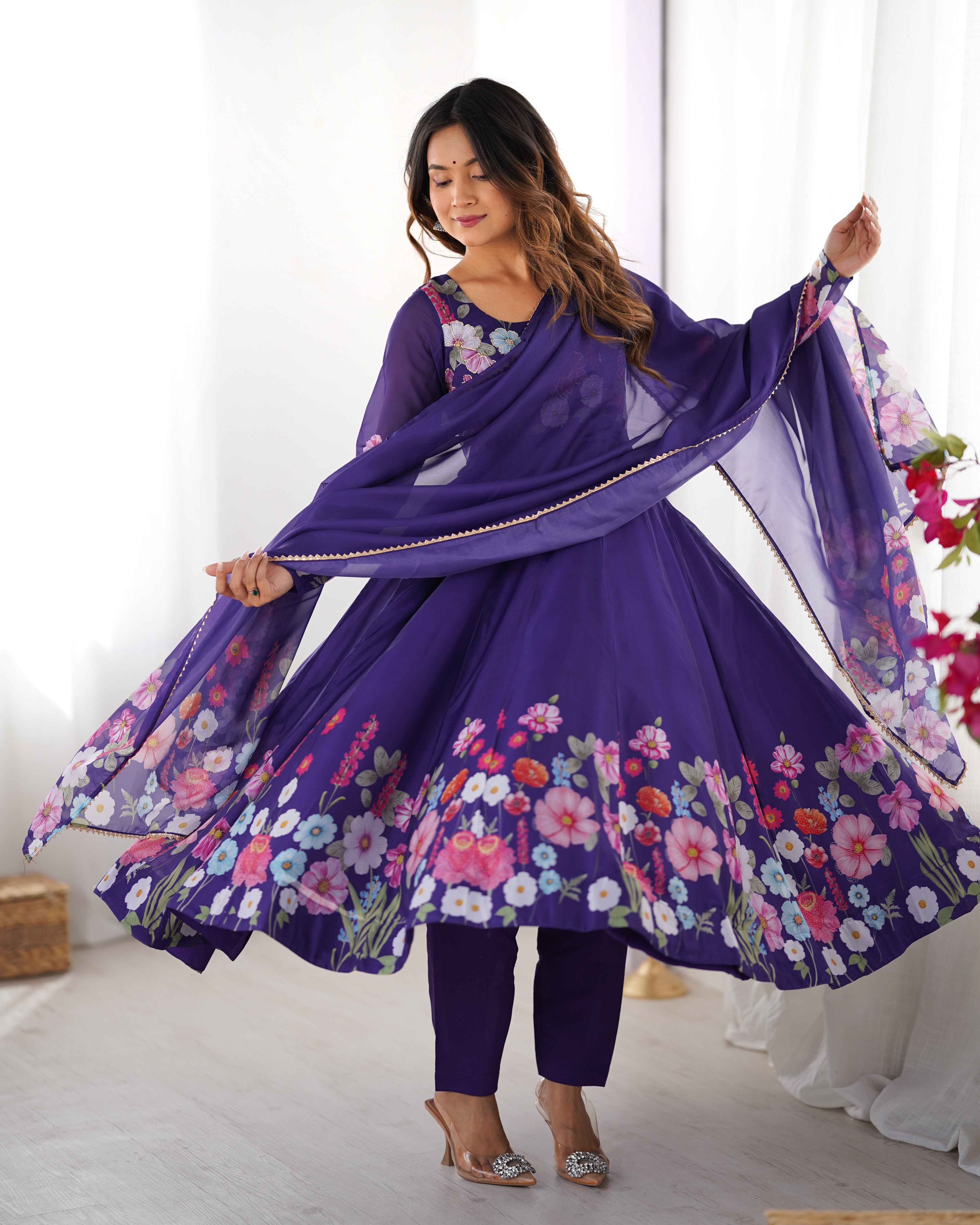 Blue Color Organza Silk Kurta with Handwork Anarkali Suit