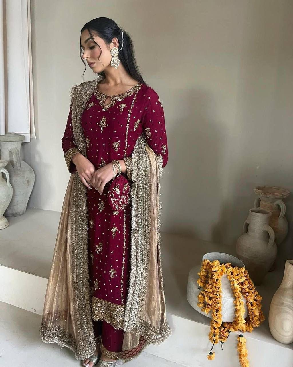 Luxury Faux Georgette Embroidered Set | Sequin & Moti Work Top with Dupatta and Pant