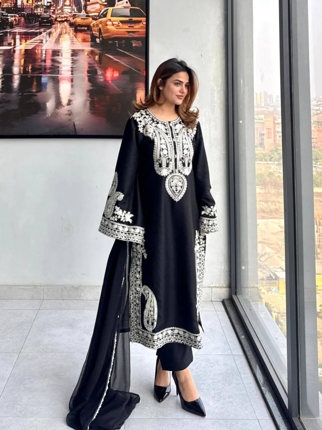 Ameira Chinon Silk Embroidered Kurti Palazzo Set