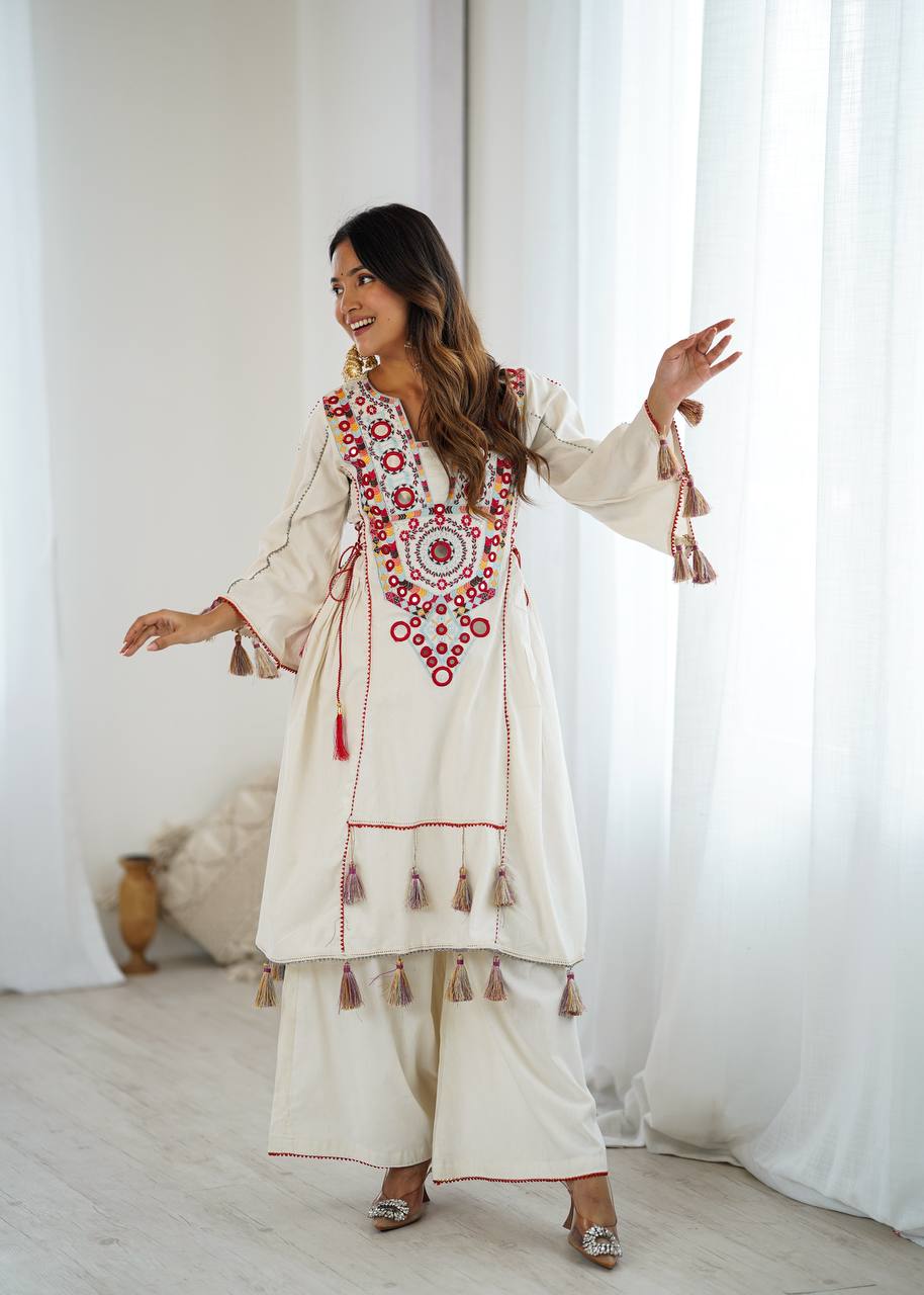 Beautiful Navratri Special White Designer Pure Khadi Cotton Embroidery sequence work Kurta With Plazzo Set
