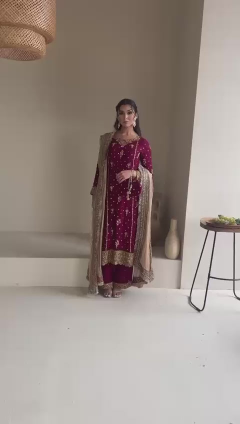 Luxury Faux Georgette Embroidered Set | Sequin & Moti Work Top with Dupatta and Pant